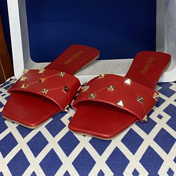 Red and gold studded flat studded slide sandals - Picture 3 of 5